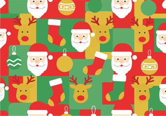 Fototapeta premium A vibrant Christmas pattern featuring festive Santa Claus and reindeer decorations in a seamless design for holiday wrapping