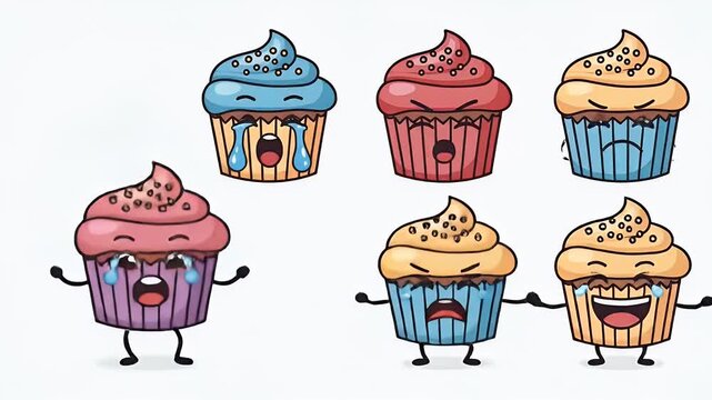 Cute Cupcake Characters Expressing Various Emotions Colorful Cartoon Style