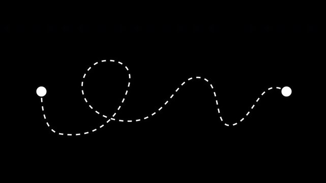 Dotted line path on transparent background, two point location with dash line trace animation. 4K Alpha Channel