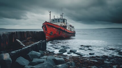 A weathered red boat sits grounded on a rocky shore with churning water and dramatic clouds above.