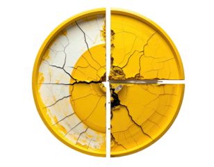 Cracked yellow and white circle divided into four segments on black