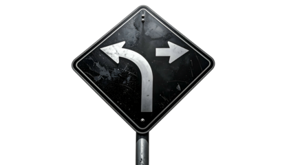 Diamond-shaped sign showing road forks. Metallic texture, against stark black background
