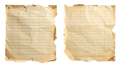 Two old, torn sheets of lined paper, aged with burns and tacks