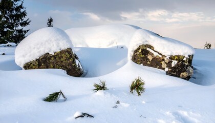 Snow-covered rock formation and sparse vegetation in a wintery mountain landscape