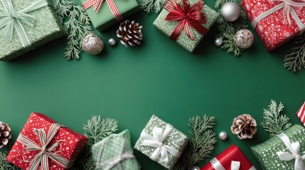 Gift boxes are placed on a green surface. The boxes have various patterns and are tied with ribbons. Pinecones and decorative items are scattered around them.
