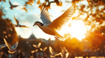 A white dove flies through the air in front of a bright sunset.