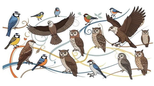 Colorful Pixel Art Collection of Birds and Owls on Abstract Swirls Background
