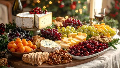 Festive charcuterie board with cheeses, fruits, nuts, and crackers