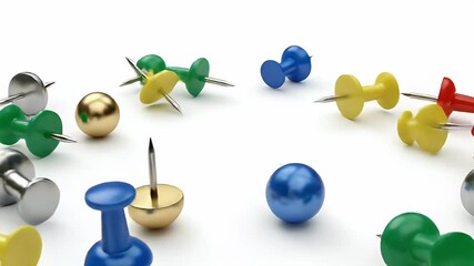 Colorful Push Pins Scattered on White Background Minimalist Office Supplies