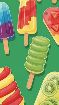 Colorful Pixel Art Ice Cream Popsicle Assortment Green Background