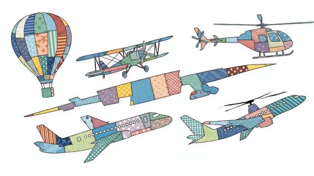 Colorful Patchwork Airplanes Hot Air Balloon Helicopter and Rocket Collection