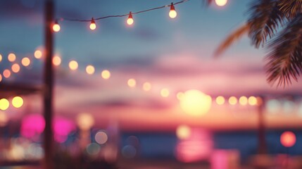 A dreamy, blurred sunset scene illuminated by glowing string lights, creating a warm, inviting atmosphere by the beach.