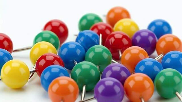 Colorful Push Pins Scattered On White Background Studio Shot