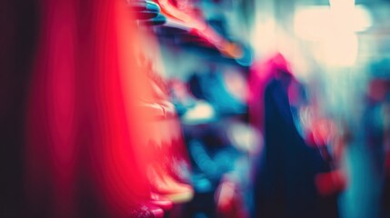 A colorful, abstract image featuring blurred shoes on a shelf, creating a dynamic and artistic effect.