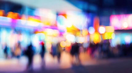 Obraz premium A vibrant, blurred scene showcasing colorful lights and silhouettes of people, creating an energetic urban atmosphere.