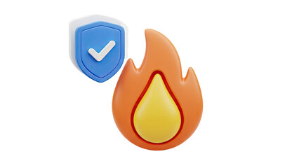 3D Firewall security concept icon with shield and flame on transparent background