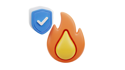 3D Firewall security concept icon with shield and flame on transparent background