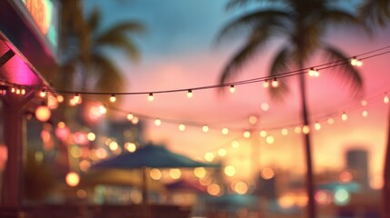 A vibrant evening scene featuring string lights against a colorful sunset, with palm trees enhancing the tropical atmosphere.