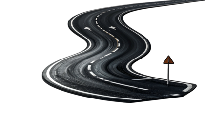 Winding asphalt road with lane markings and a roadside warning sign against a black background