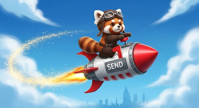 Red panda pilot soaring on a rocket with SEND label.