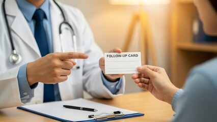 Doctor in white coat with stethoscope hands over a white 'follow-up card' to a patient in a clinic setting