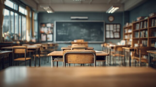 A quiet classroom with wooden desks, a chalkboard, and bookshelves, capturing an inviting learning environment.