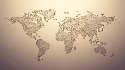 Geometric world map artwork with intricate line art design on a warm, textured background