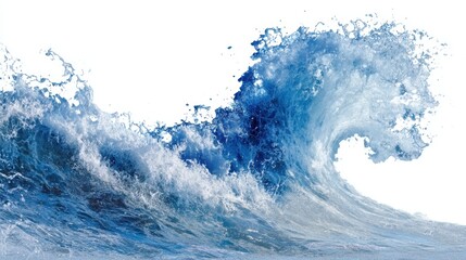 A large wave rises with strong force creating splashes of water in the air. The wave is bright blue and rolls forward with foam visible on the surface. Sunlight shines above.