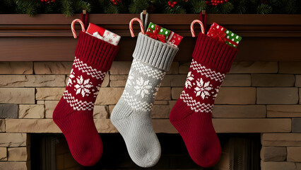 Cozy Christmas Stockings Hanging on a Rustic Fireplace Mantel