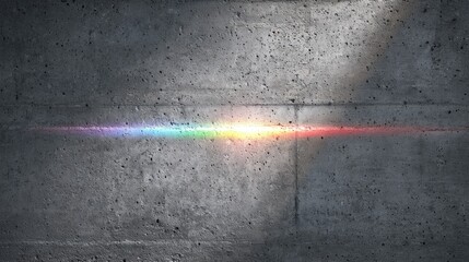 Concrete texture illuminated by prismatic light refraction, subtle rainbow flare on grey cement 