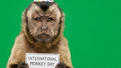Crowned capuchin monkey joyfully celebrates international monkey day against a bright green backdrop, holding a sign