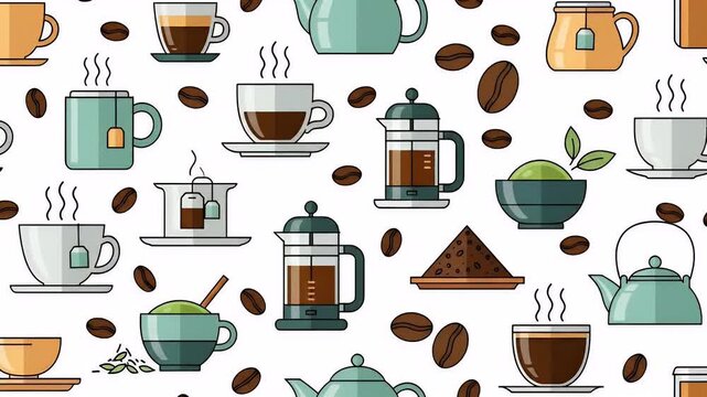 Cozy Tea And Coffee Pattern Background With Steaming Mugs And Kettles