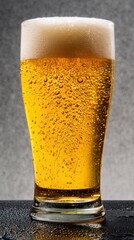 A frosty glass of beer, filled with golden liquid and topped with a creamy foam, showcasing bubbles and condensation on the surface.