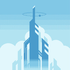 Futuristic Towers showing with the Clouds Skyline, Blue Tone Pixel Art Illustration