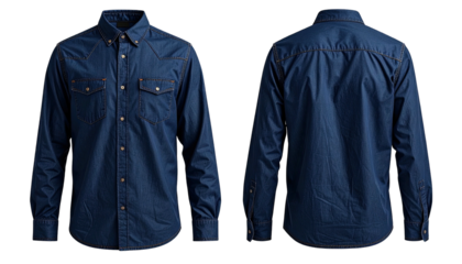 Two views of a button-down denim shirt with contrast stitching