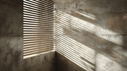 Concrete texture with venetian blind shadows, striped light pattern, moody interior vibe 