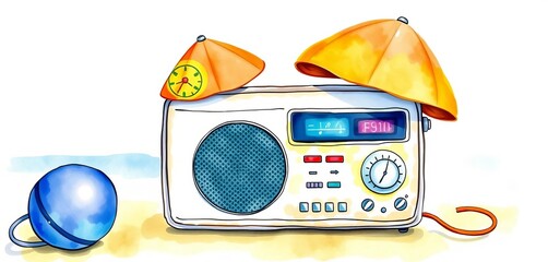 Hand-drawn watercolor beach radio playing summer tunes; perfect for nursery art White background, image, white background