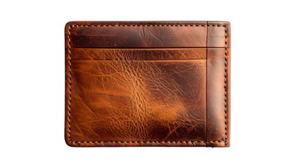 Top-down shot of a rectangular, weathered brown leather wallet with card slots on black
