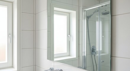Bright and clean bathroom interior with shower and mirror.