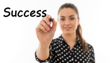 Businesswoman writing success word on transparent screen with marker pen.