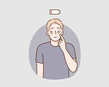 Man who don't get enough rest cause dark circles under their eyes. Vector male character is not bright from lack of sleep and staying up late. Original vector illustration drawn by hand.