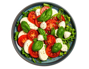 Fresh salad with tomatoes, mozzarella, and basil on a dark plate