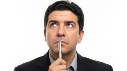 Thoughtful businessman looking up holding pen while contemplating creative business idea.