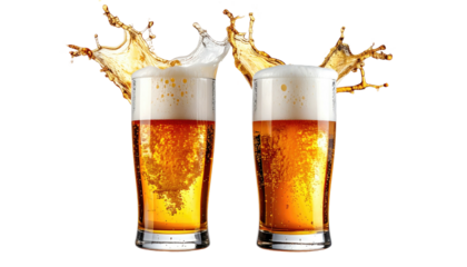 Two brimming beer glasses clinking with cascading foam and golden liquid