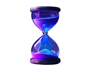 Glowing hourglass with cosmic sand, set against a black background