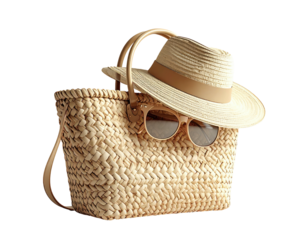 A woven bag holds a straw hat and sunglasses, ready for summer fun