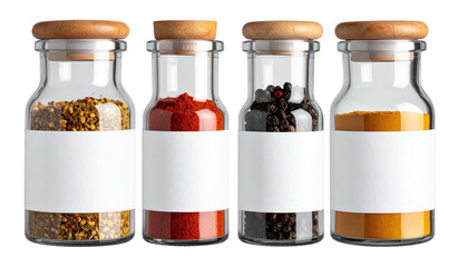 Four glass spice jars with wooden lids and blank labels, isolated