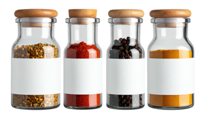 Four glass spice jars with wooden lids and blank labels, isolated