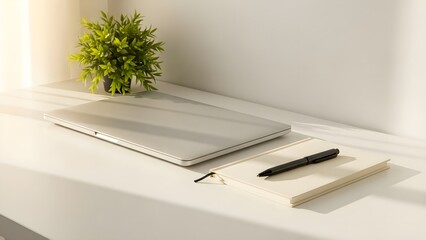 Modern Workspace with Laptop and Plant.