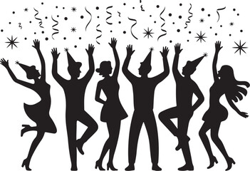 Black silhouettes of people celebrating with confetti and party hats